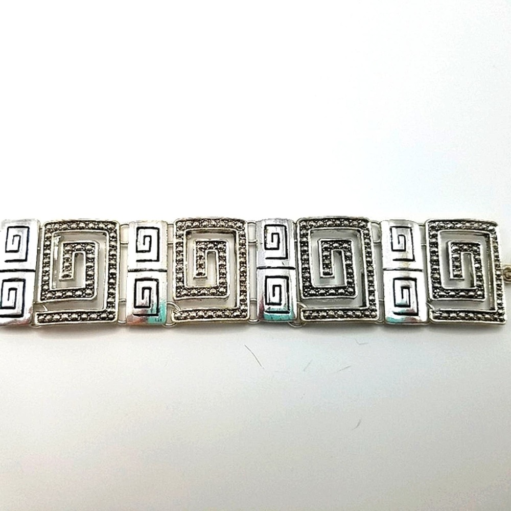 Greek Keysquare Bracelet Chunky Silvertone & Black Spiral Link T-Bar Closure - Picture 3 of 14